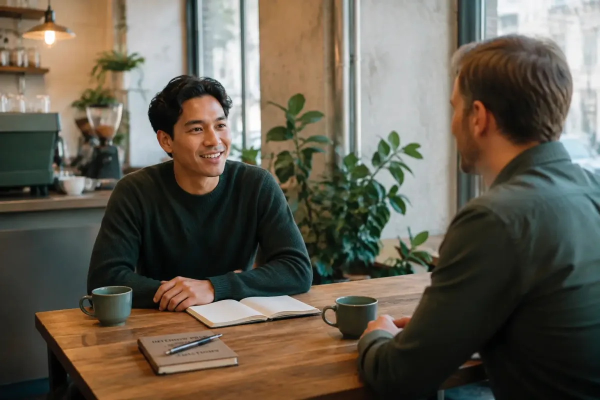 A Starbucks job candidate speaking with a store manager in a warm modern coffee shop