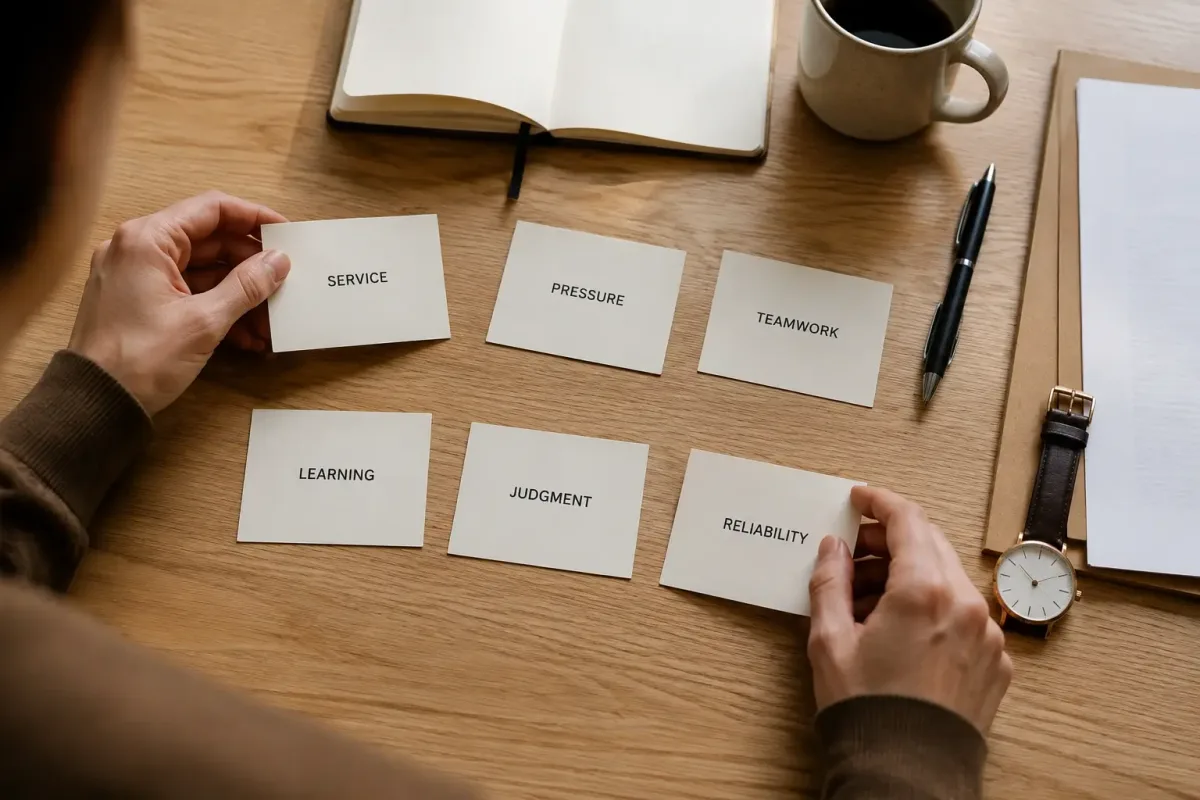 Interview preparation cards grouping Starbucks questions by service, pressure, teamwork, learning, judgment, and reliability