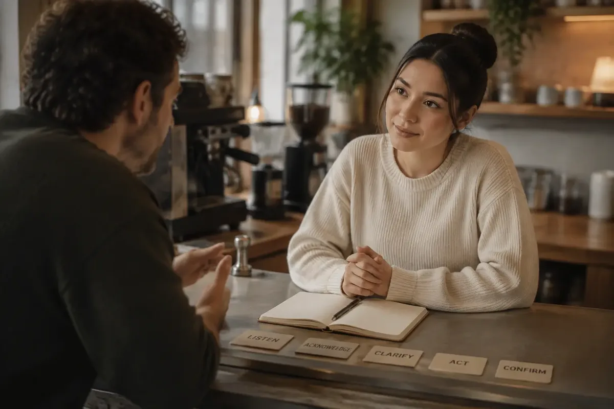 Applicant practicing a calm five-step response to an upset customer scenario