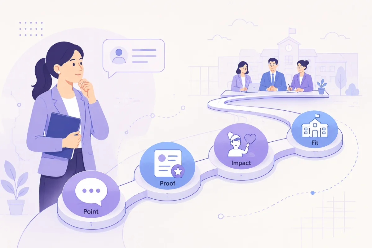 Interview answer pathway connecting point, proof, impact, and school fit.