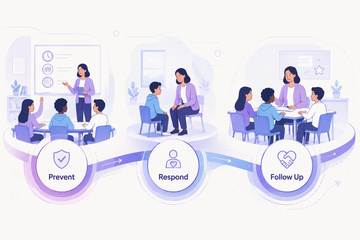 Classroom management pathway showing prevention, calm response, and follow-up.