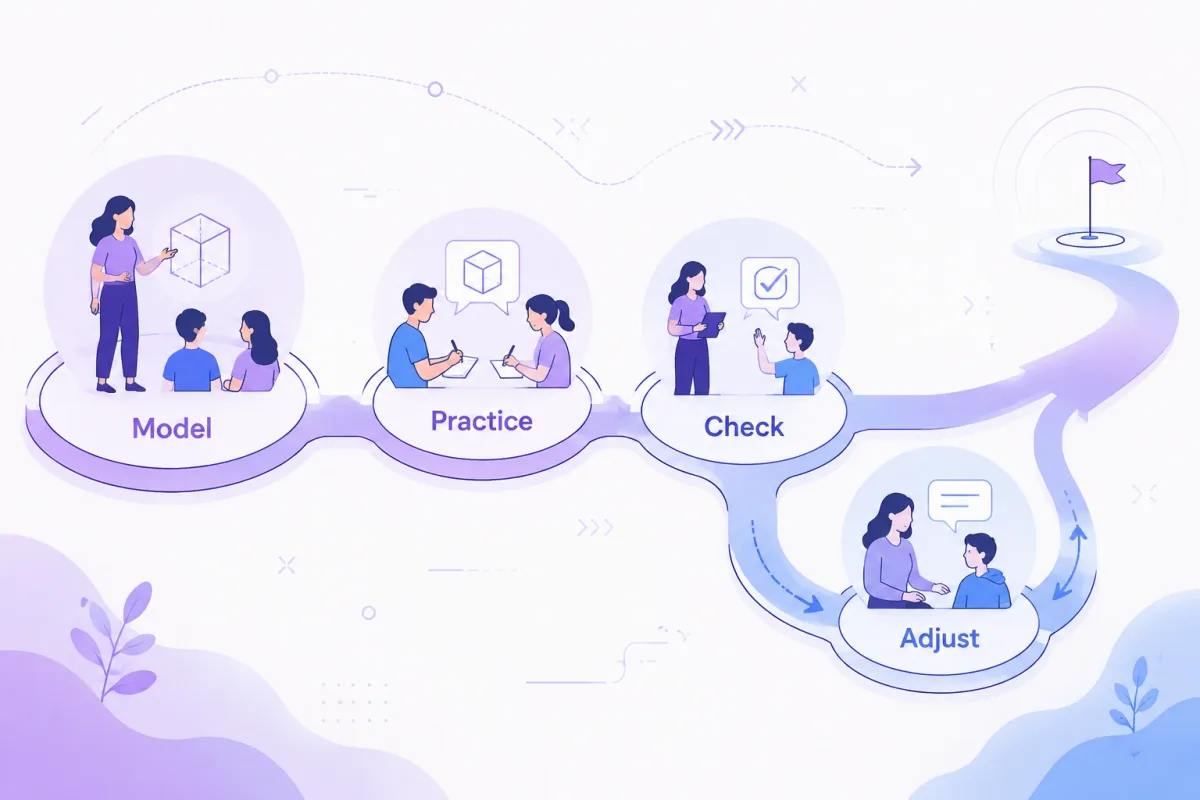 Lesson pathway moving from teacher modeling to practice, checking, and adjustment.