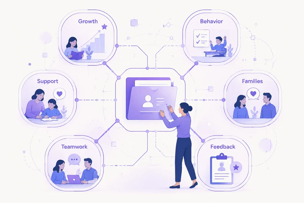Teacher candidate connecting six evidence categories for interview preparation.