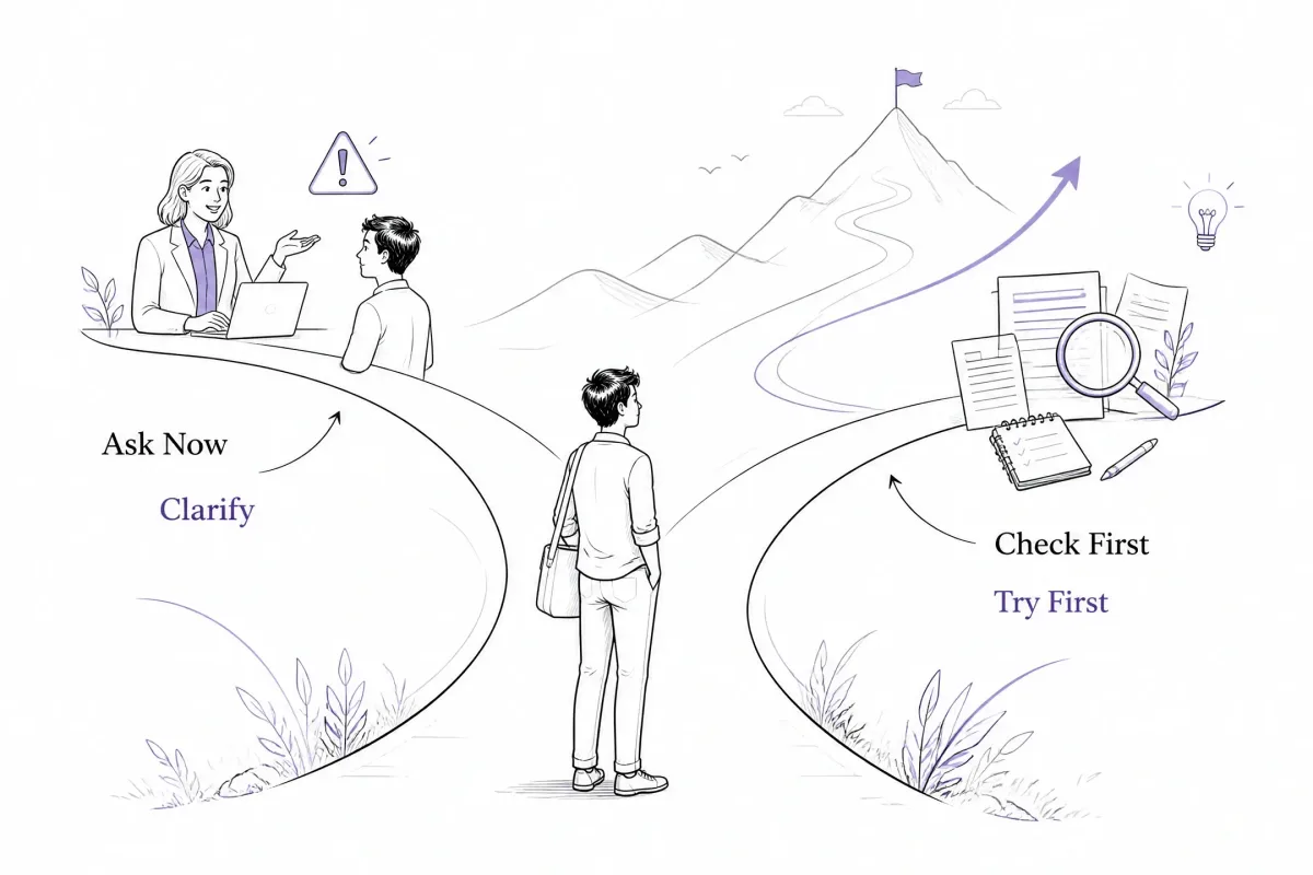 Intern deciding whether to ask, clarify, research, or try independently