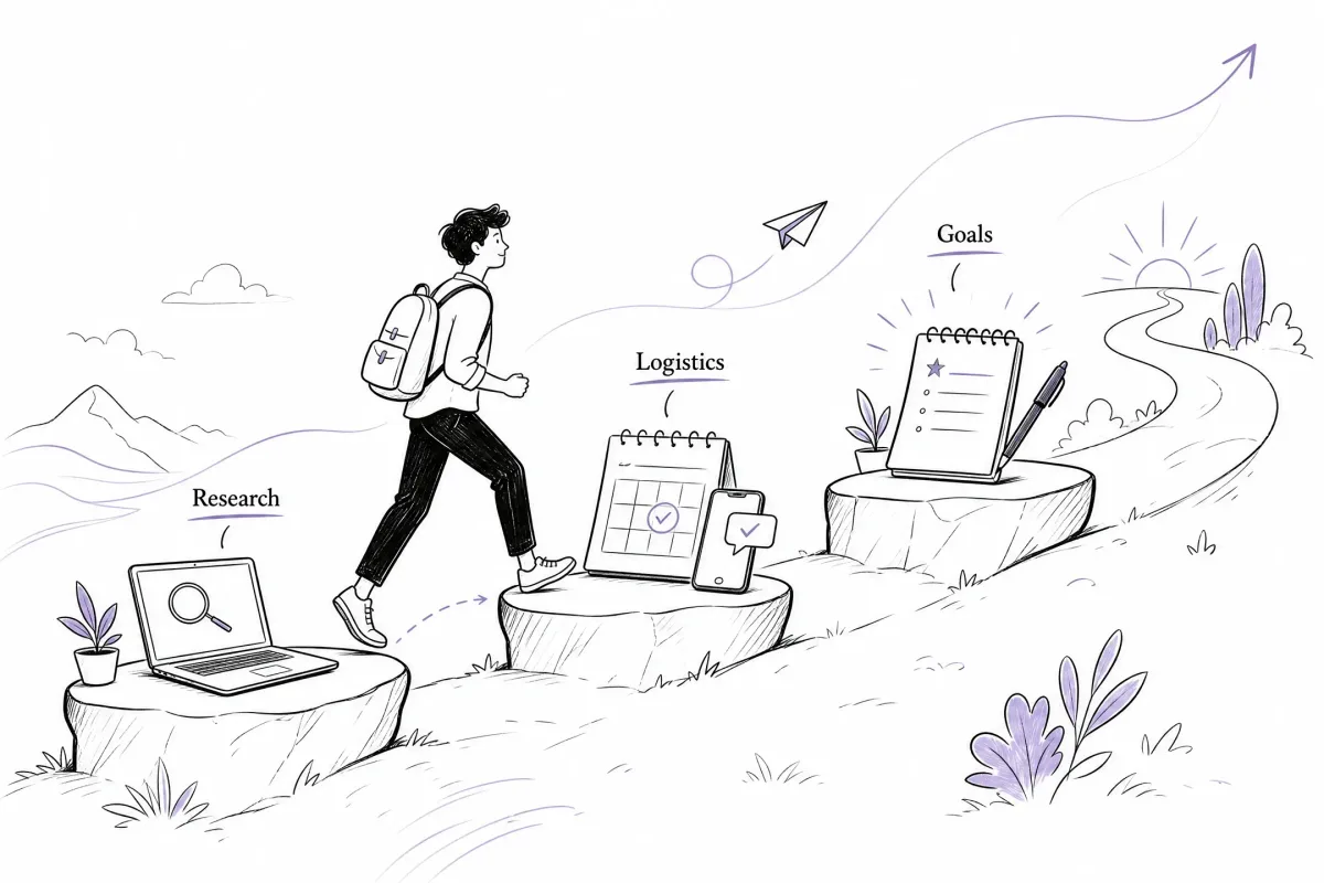 Intern preparing through company research, first-day logistics, and learning goals