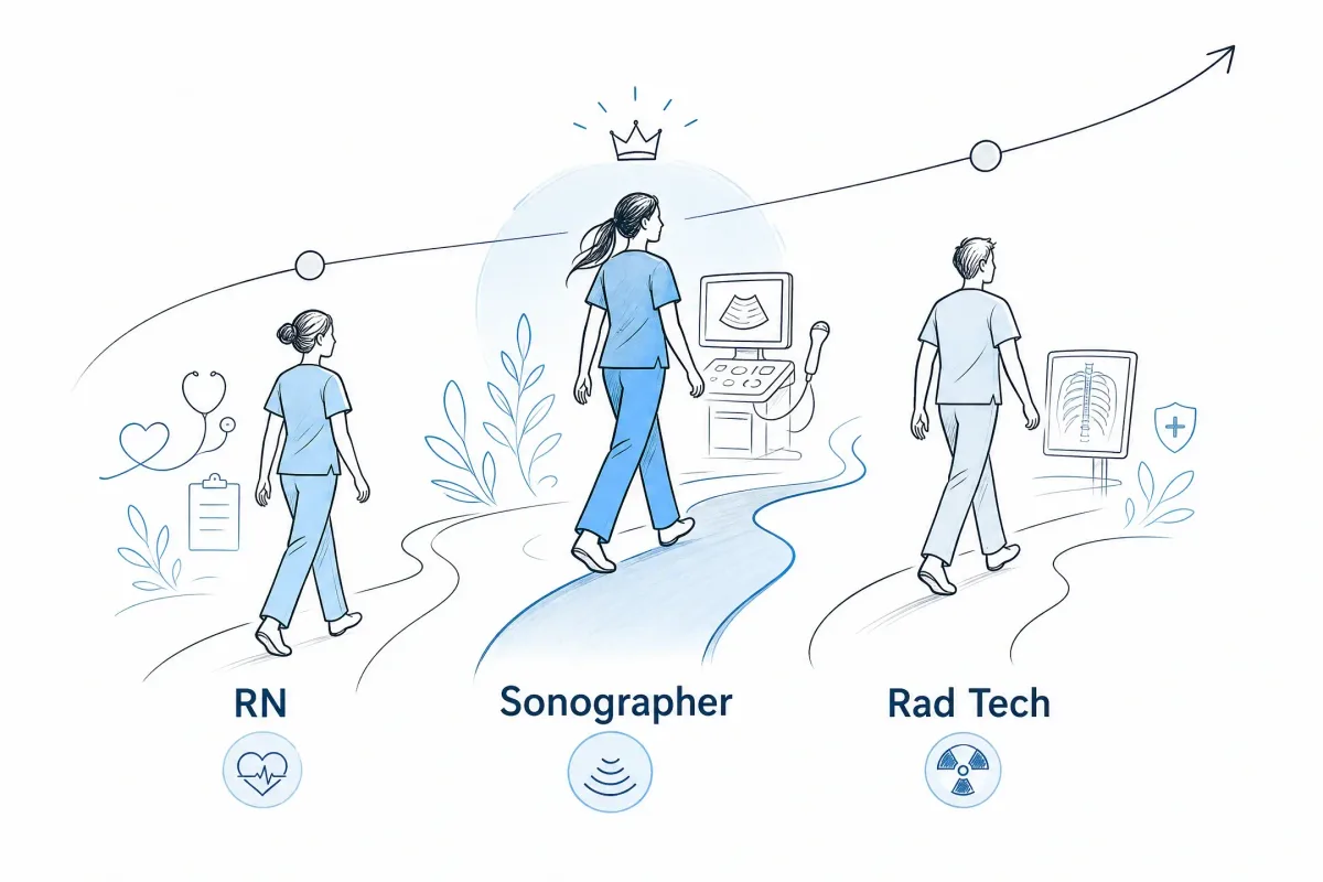Minimal illustration comparing ultrasound tech salary with RN and radiology tech career paths
