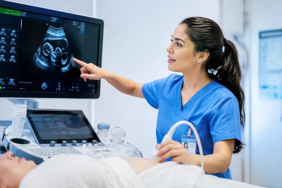 Ultrasound technologist reviewing a fetal sonogram during a patient exam