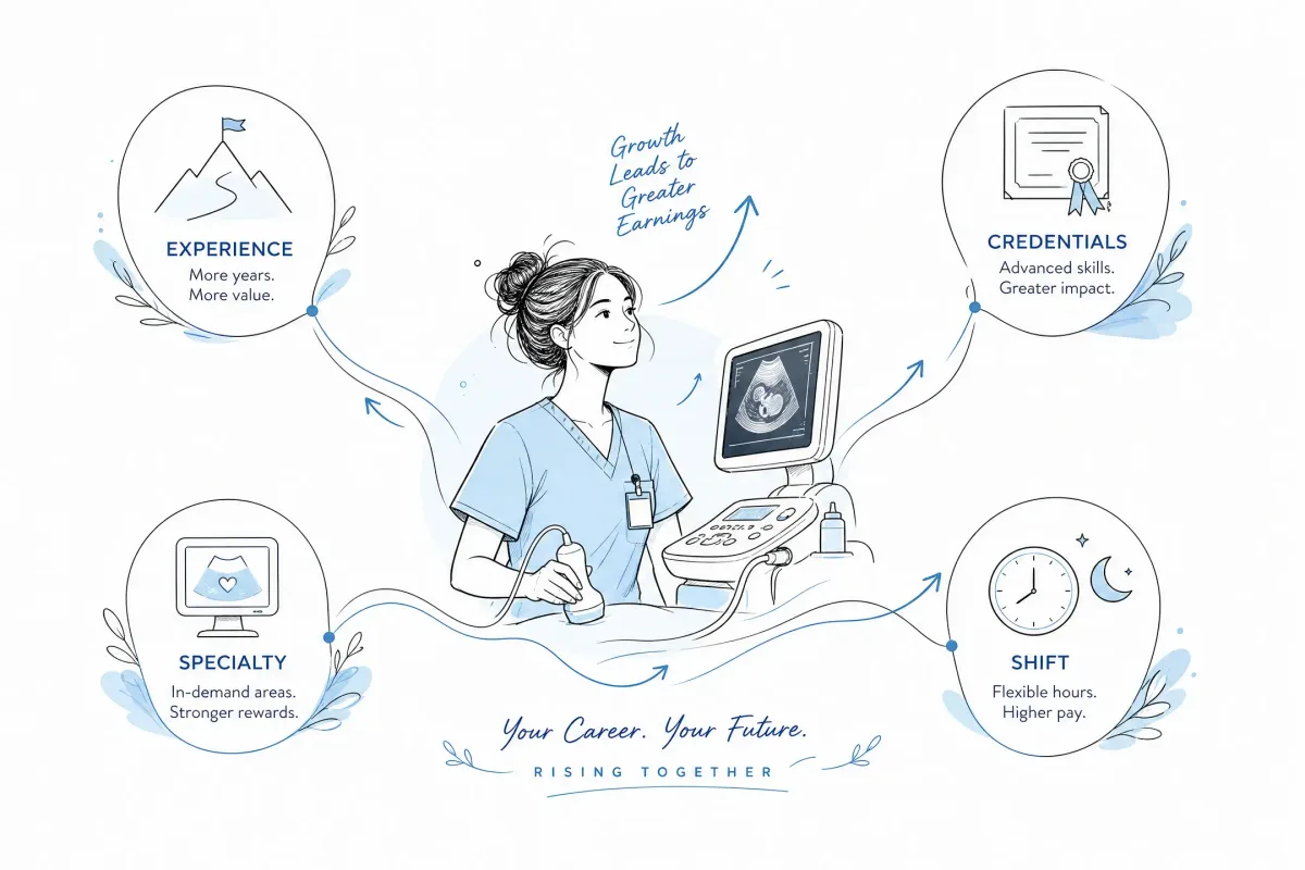 Minimal illustration of ultrasound tech pay drivers such as experience, credentials, specialty, and shift pattern