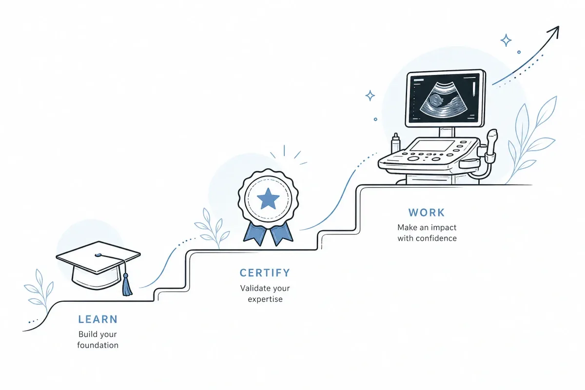 Minimal illustration of sonography training, certification, and career growth path