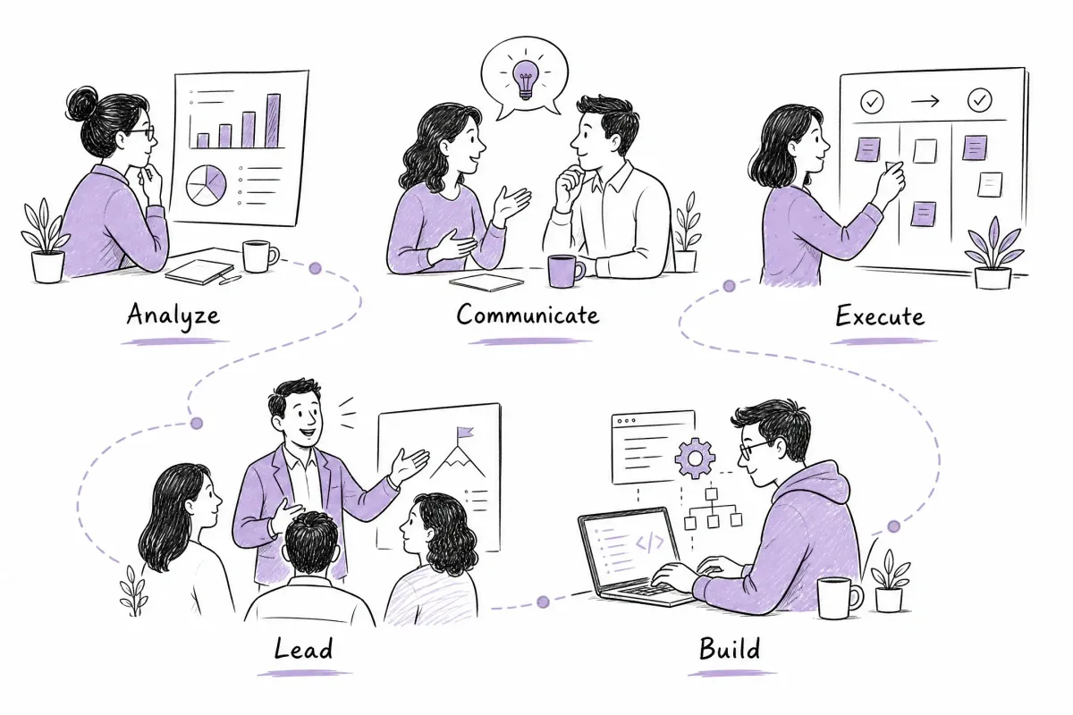 Examples of analytical, communication, execution, leadership, and technical strengths