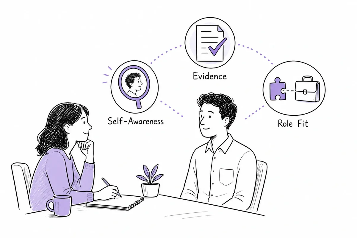 Three factors interviewers consider: self-awareness, evidence, and role fit