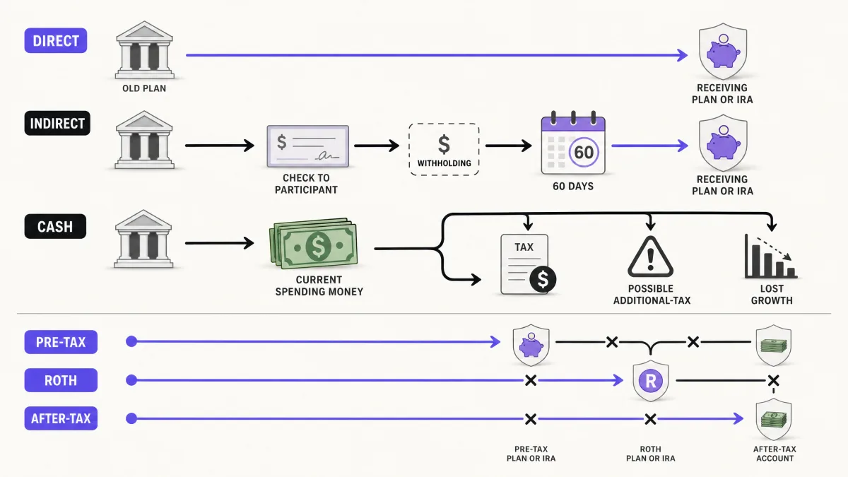 Direct rollover, indirect rollover, and cash distribution tax paths