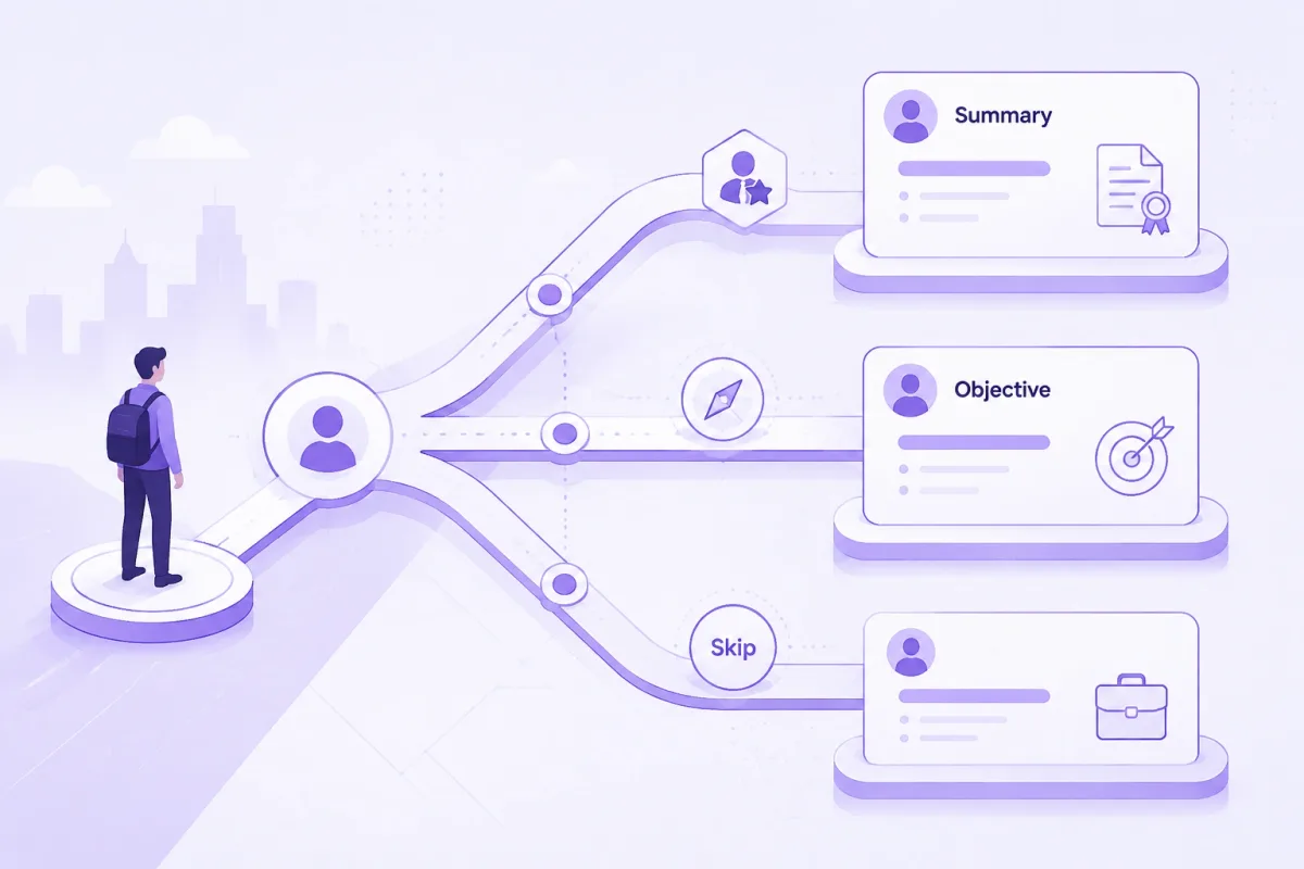 Decision paths for summary, objective, or skip