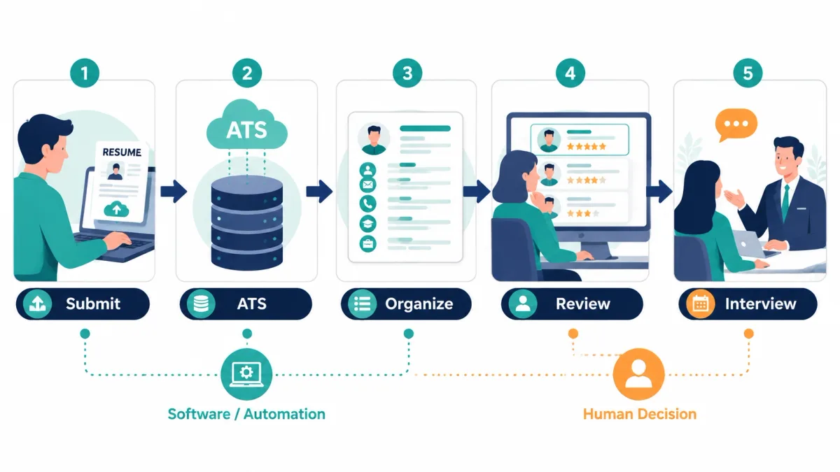 Resume moving from online submission through an ATS to recruiter review and an interview