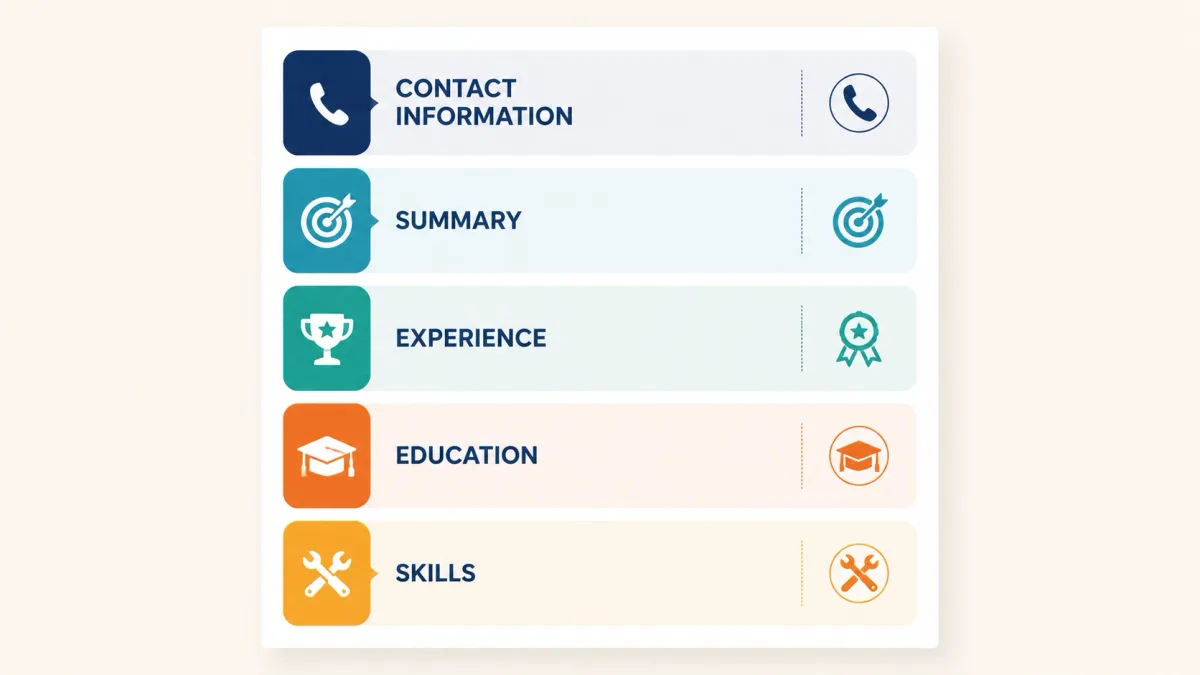 Diagram showing the five core sections of a resume: contact information, summary, experience, education, and skills