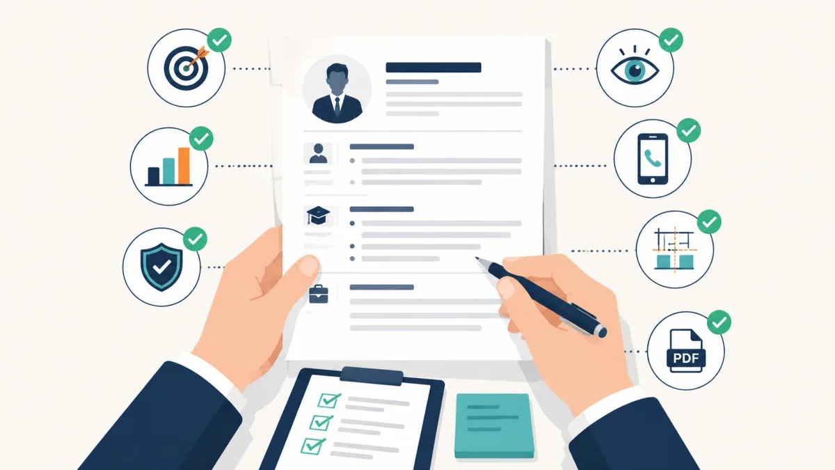 Resume quality checklist covering relevance, evidence, honesty, readability, accuracy, consistency, and file format