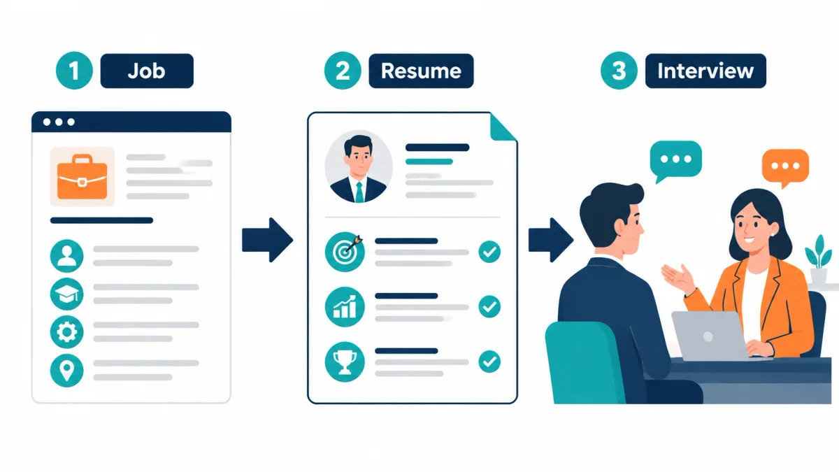 Visual flow from job requirements to resume evidence and an interview
