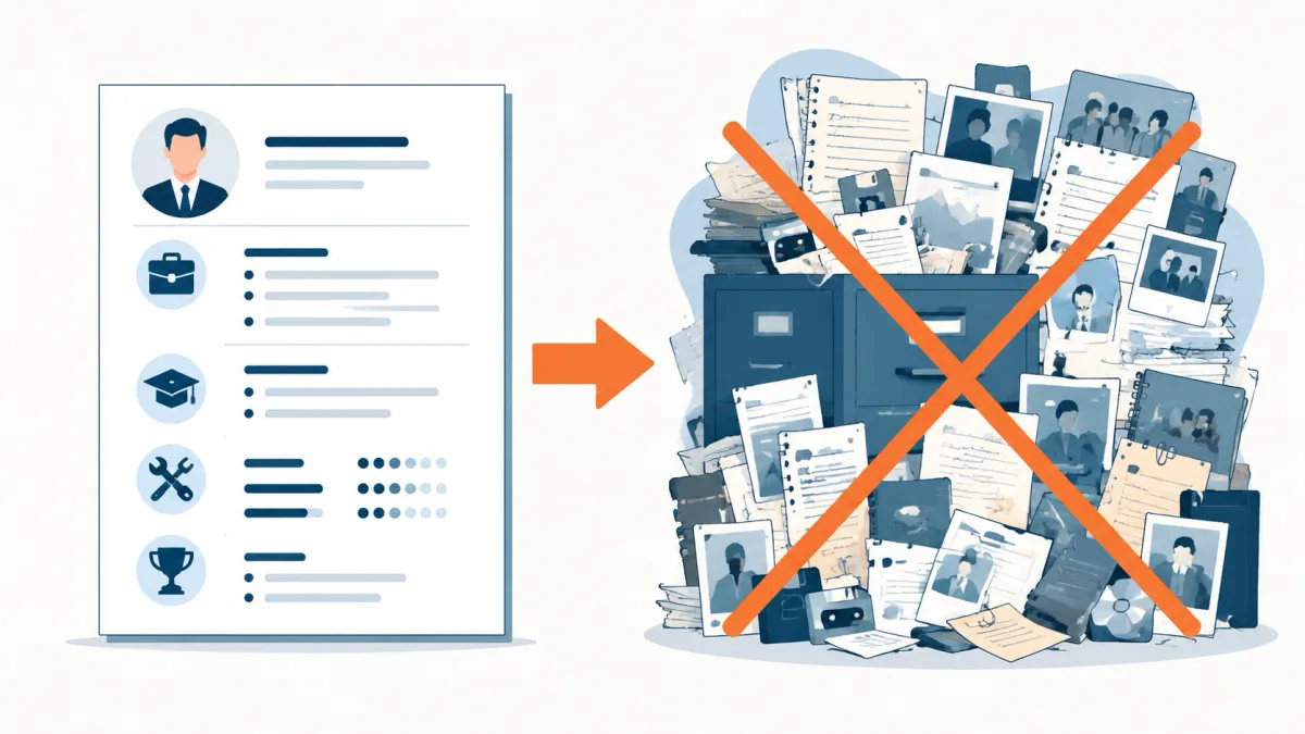 A targeted one-page resume compared with an overwhelming collection of irrelevant personal records