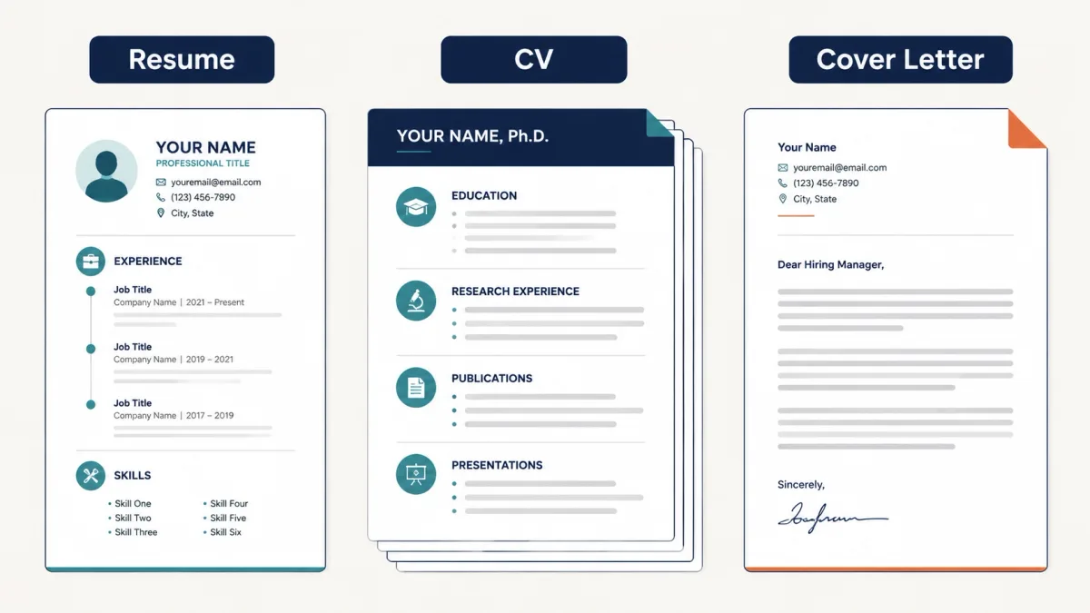 Visual comparison of a resume, an academic CV, and a cover letter