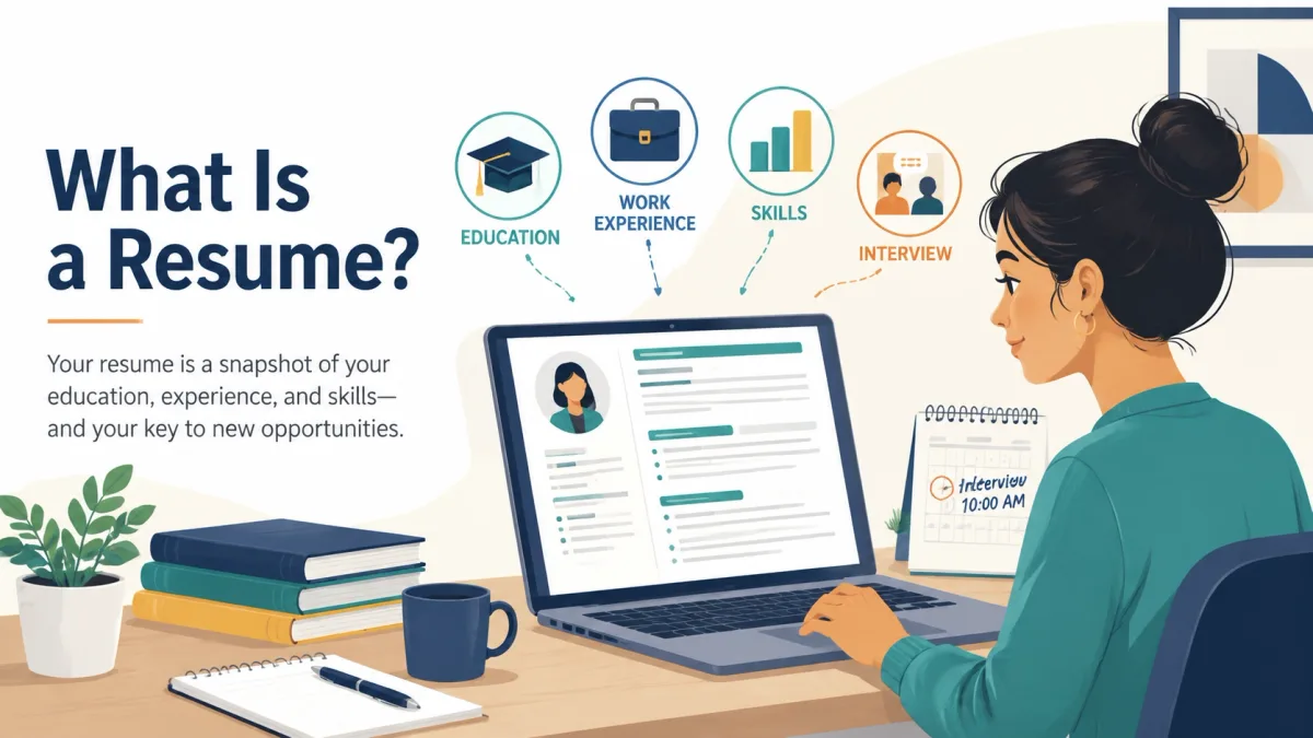 Job seeker reviewing a resume that summarizes experience, education, skills, and achievements