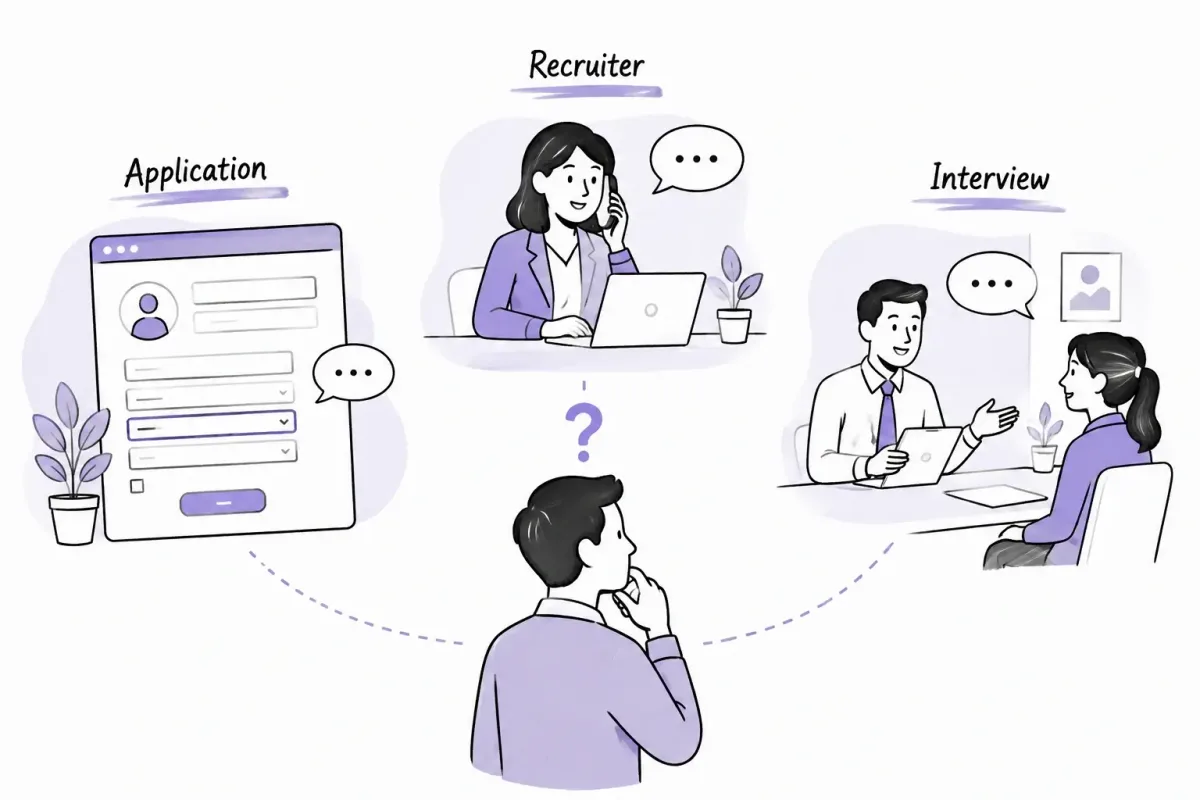 Three salary answer situations shown as an application form, recruiter call, and interview conversation