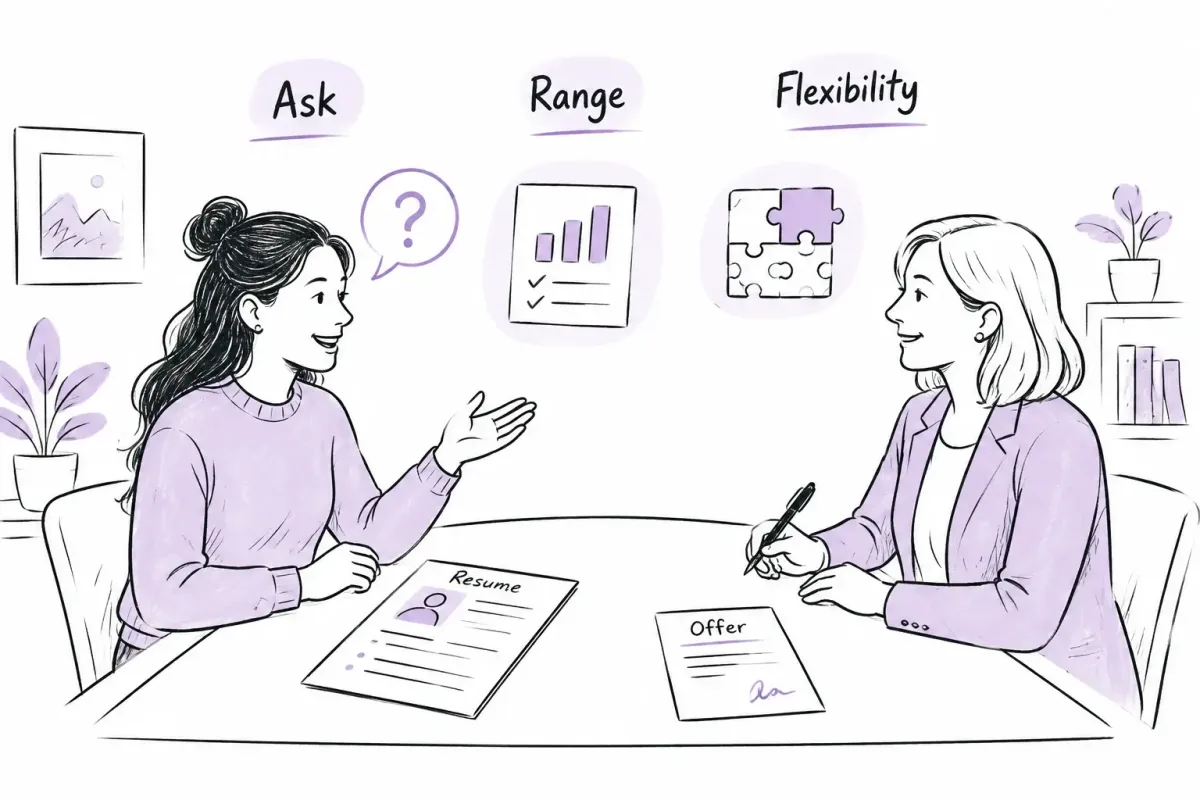 Candidate and recruiter discussing salary expectations with a researched range and flexibility