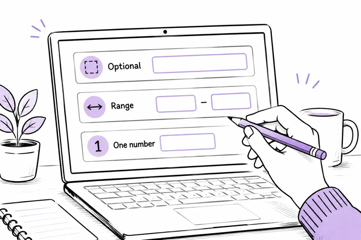 Job application salary fields showing optional, range, and one number input options