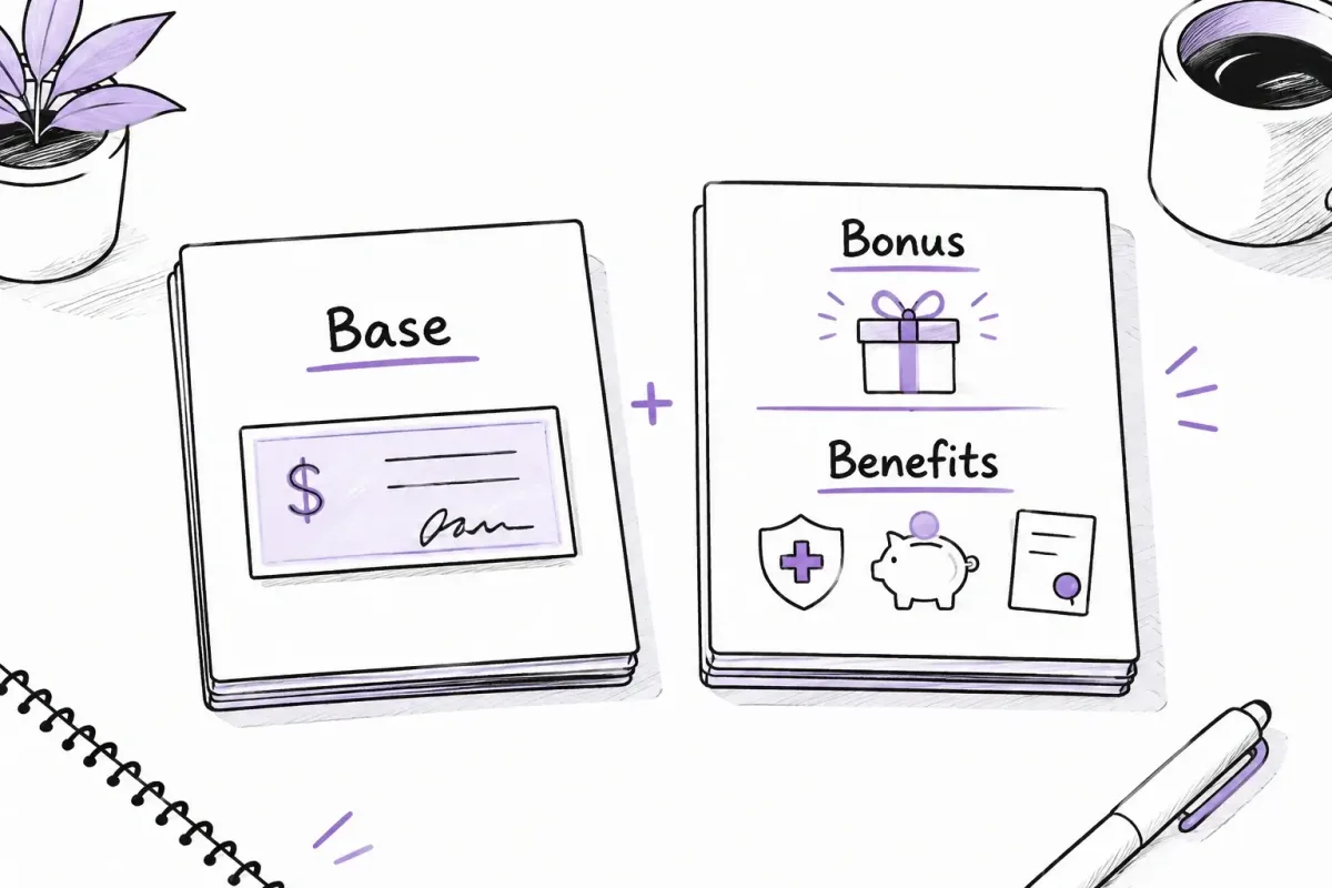 Base salary compared with bonus and benefits in a total compensation package