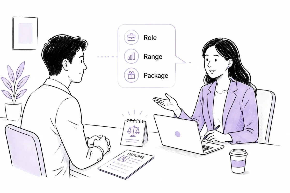 Candidate and recruiter discussing a researched salary range with a resume and compensation notes