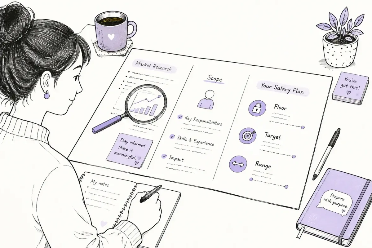 Job seeker preparing a salary worksheet with floor, target, range, and role scope