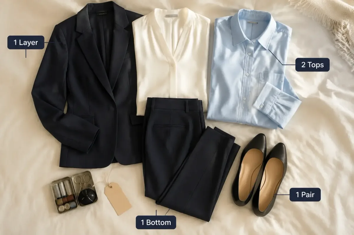 An affordable interview capsule wardrobe with one layer, two tops, one tailored bottom and one pair of shoes.