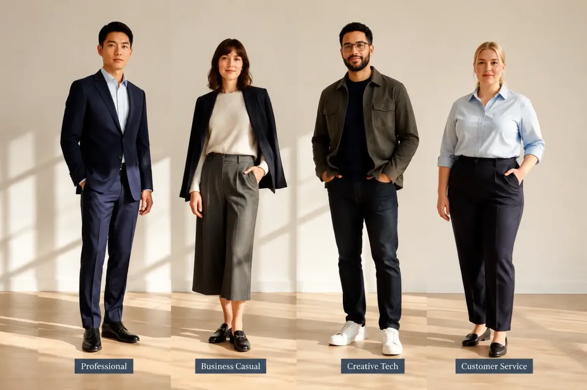 Four gender-inclusive outfit formulas for professional, business-casual, creative and customer-service interviews.