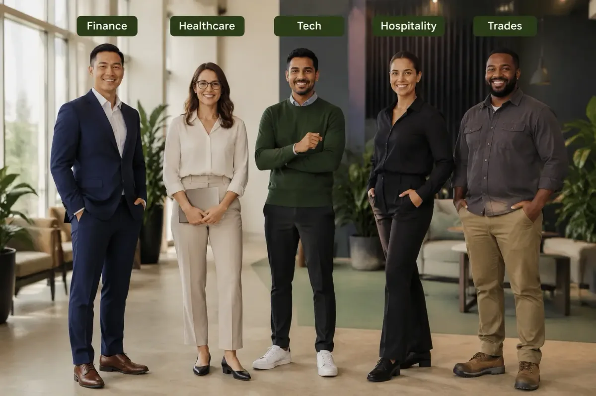 Interview outfits for candidates in finance, healthcare, technology, hospitality and skilled-trade roles.