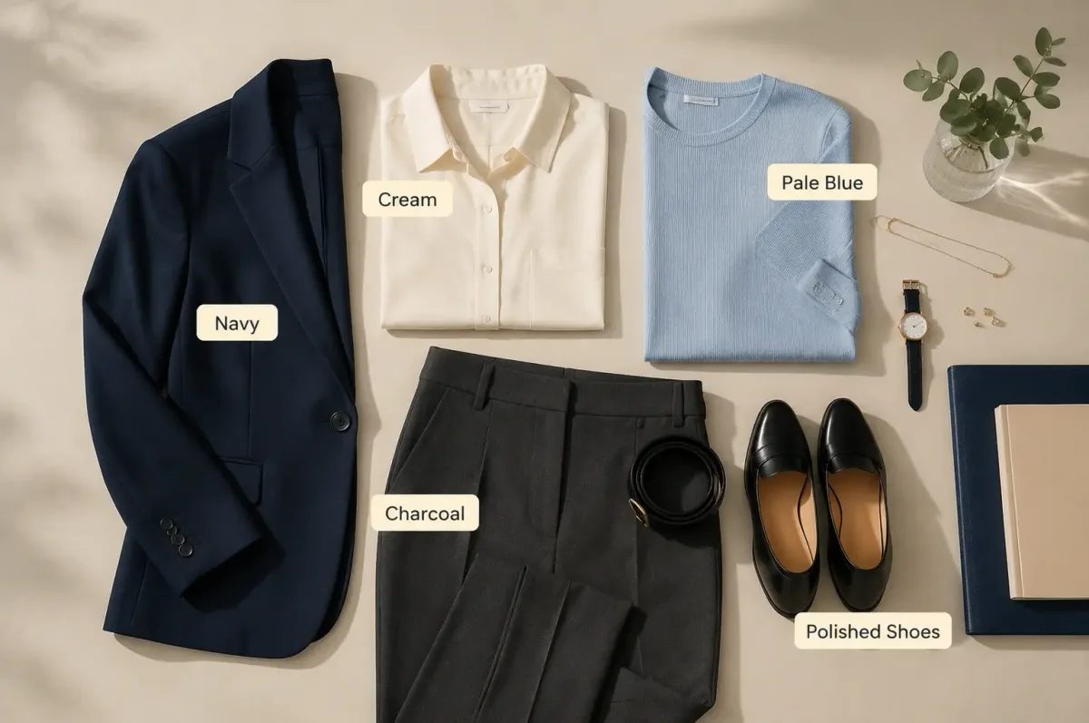 Navy, charcoal, cream and pale-blue interview clothing arranged with polished shoes and minimal accessories.