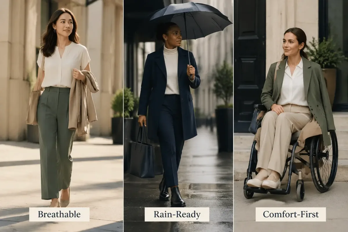 Interview outfits adapted for hot weather, rain, cold and accessibility needs.