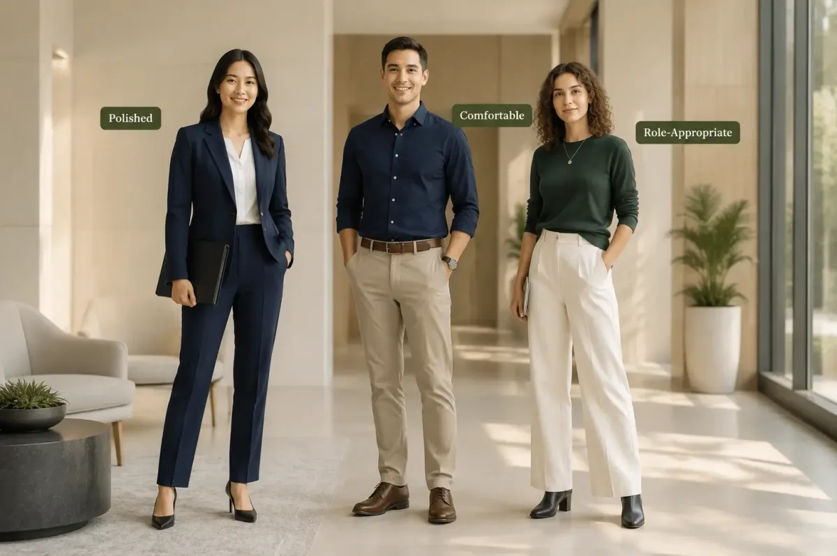 Three candidates wearing business-professional, business-casual, and creative interview outfits