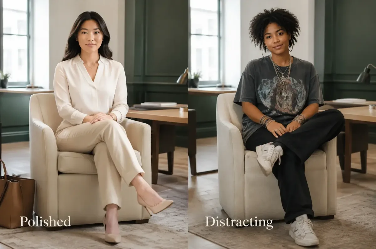 Side-by-side comparison of a polished interview outfit and clothing details that may distract an interviewer.