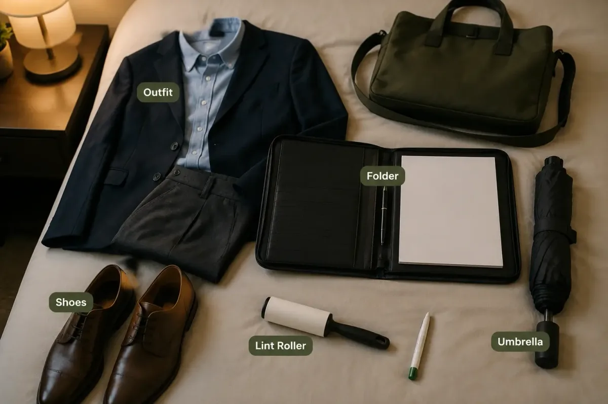 Interview outfit, shoes, document folder, lint roller and umbrella prepared the night before an interview.