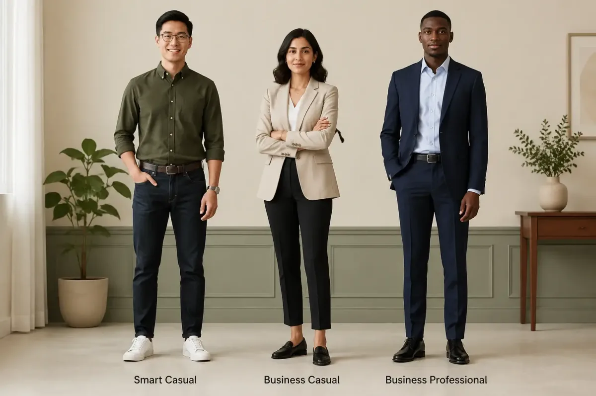 Three job candidates demonstrate smart-casual, business-casual and business-professional interview dress codes.