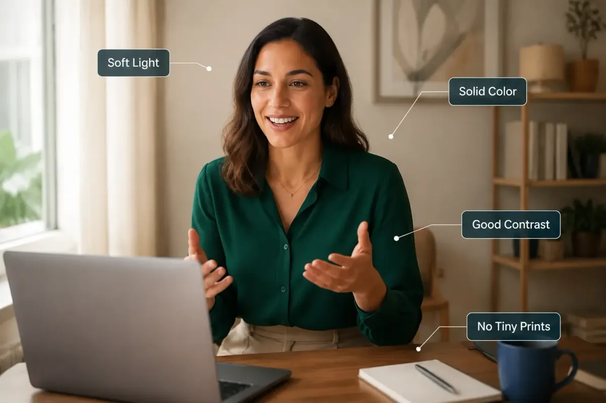 A job candidate wearing a solid camera-friendly outfit in a well-lit virtual interview setup.