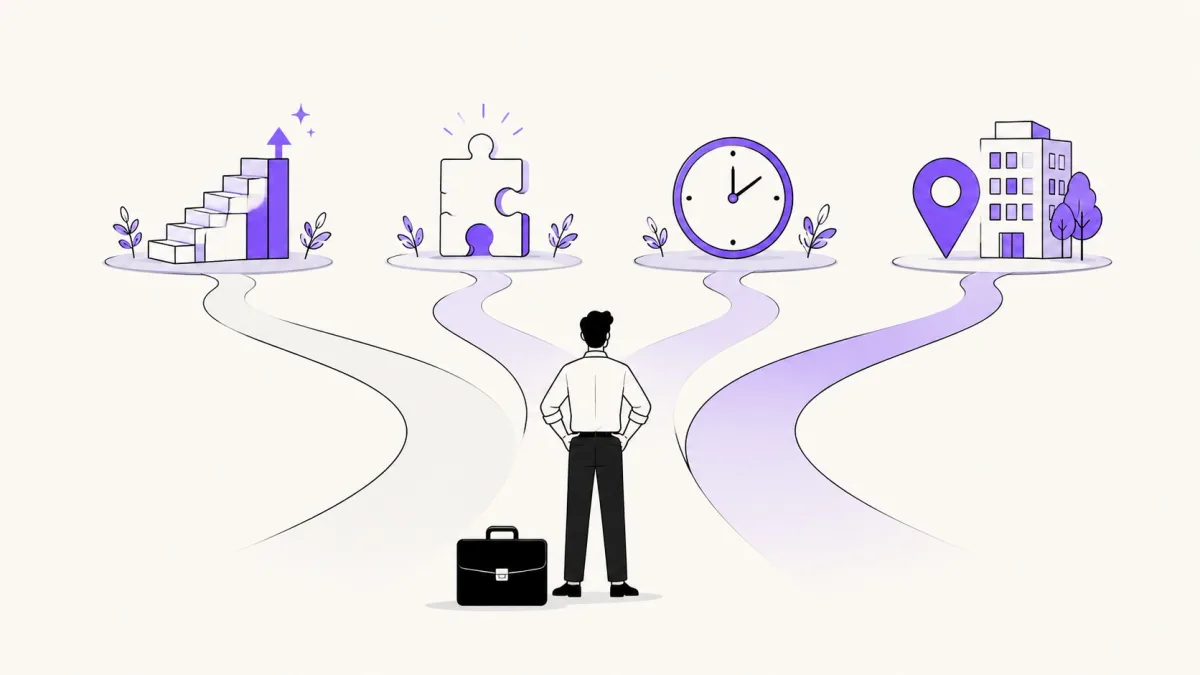 Professional considering positive career growth, role fit, schedule, and relocation reasons for changing jobs