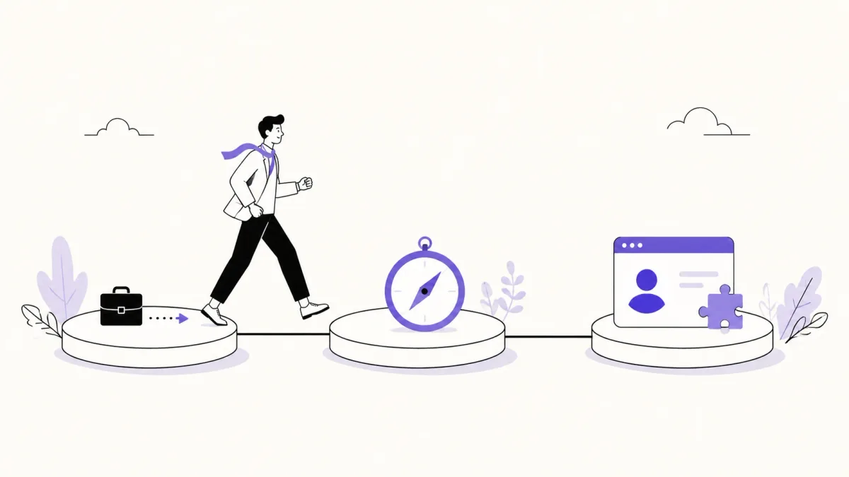 Three-step bridge connecting a current job situation to career direction and role fit