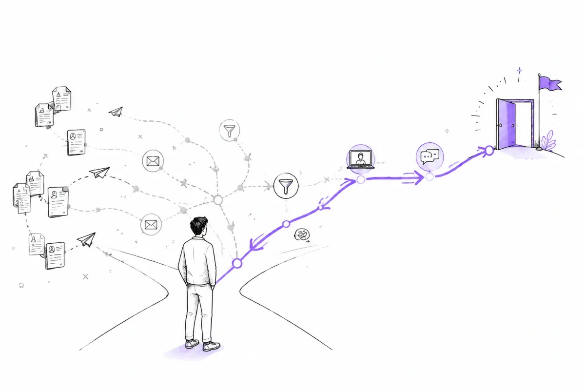 Job seeker navigating applications, screening, interviews, and job opportunities