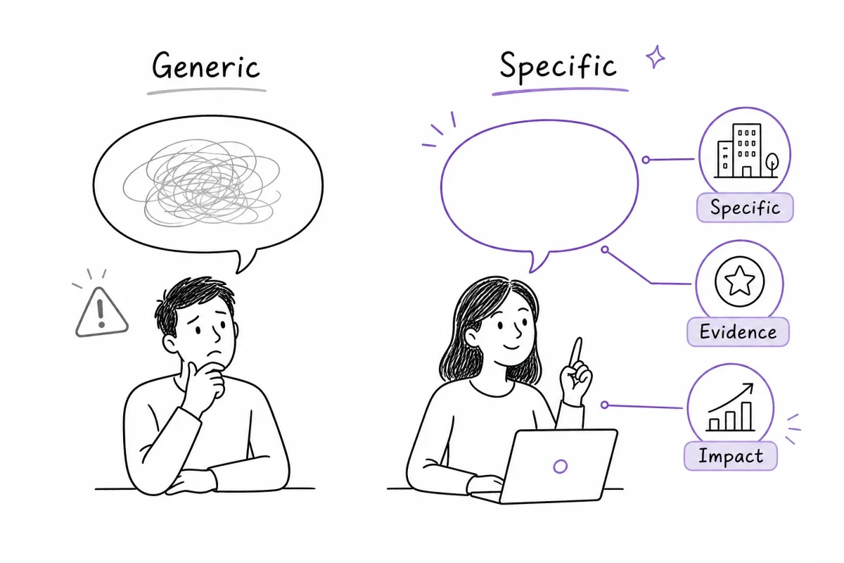 Before-and-after comparison of a generic interview answer and a specific evidence-based response