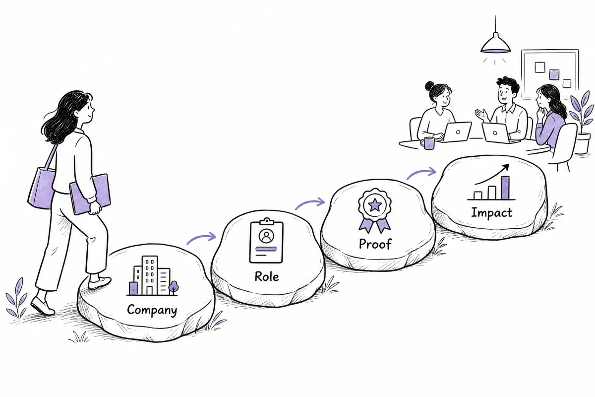 Four-part interview answer formula connecting company interest, role fit, proof, and future impact