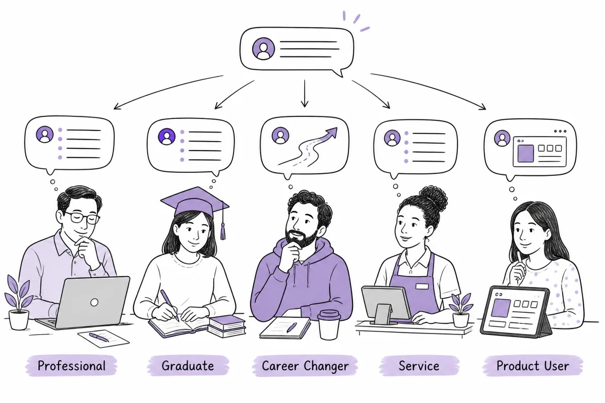 Interview answer examples for professionals, graduates, career changers, service workers, and product users