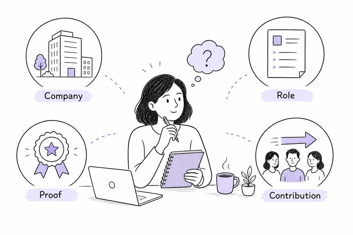 Job candidate preparing a why do you want to work here answer using company, role, proof, and contribution