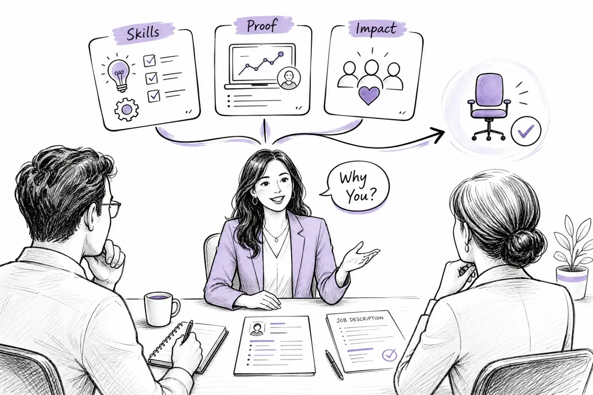 Job candidate connecting skills, proof, and impact during an interview