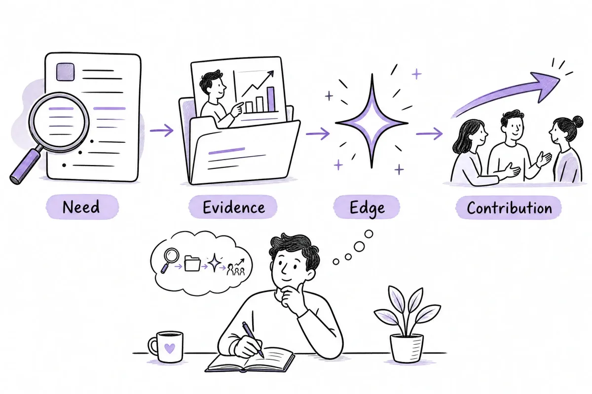 Four-part interview answer framework connecting need, evidence, edge, and contribution