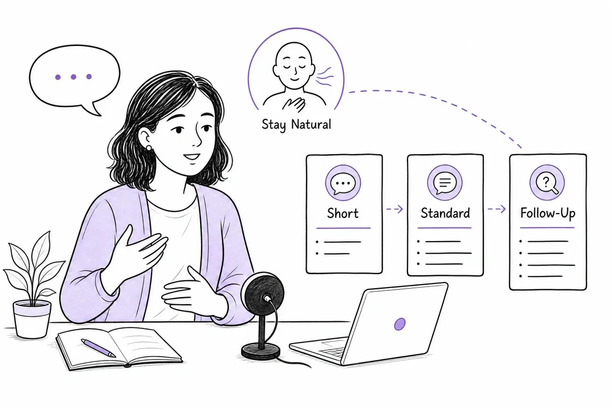 Job seeker practicing short, standard, and follow-up interview answers naturally